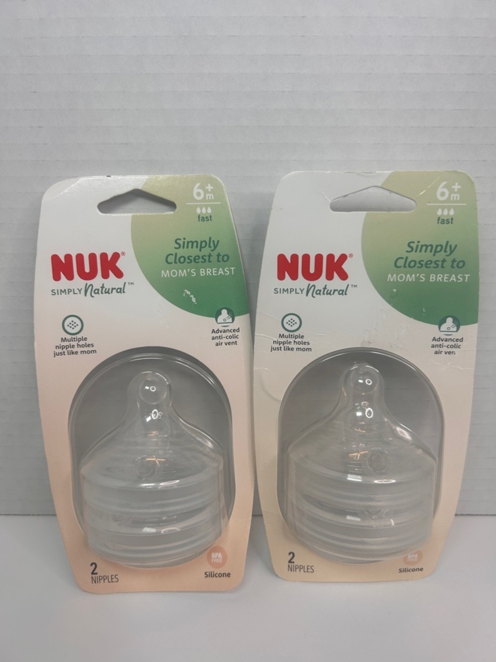 Lot of 2 Nuk Simply Natural 2pk Nipples 6+M Fast Flow BPA Free Anti-colic